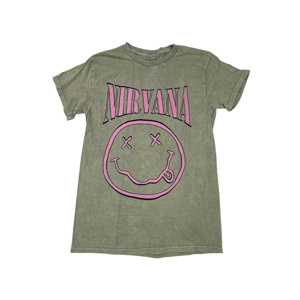 Nirvana Smiley Face Graphic Tee Olive Green Pink Mineral Wash Small